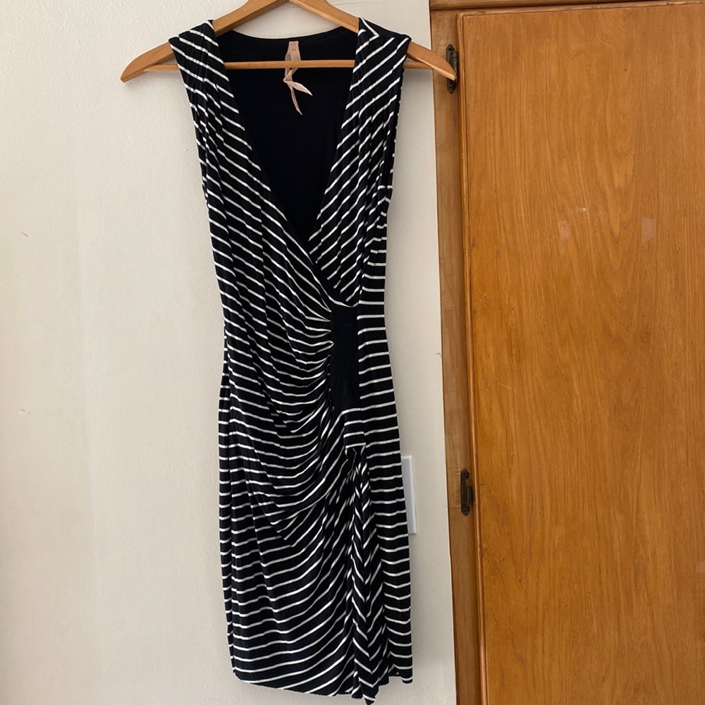 Bailey44 Black White Stripe Tank BodyCon faux wrap dress. Model is size S.